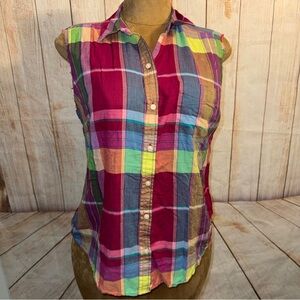 VINTAGE 2013 Old Navy Sleeveless Button Up Colorful Madras Plaid Shirt Sz L Y2K​